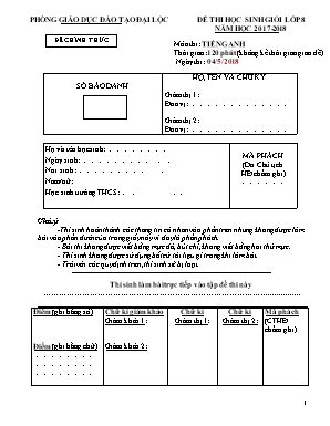 Đề thi học sinh giỏi môn Tiếng Anh Lớp 8 - Năm học 2017-2018 - Phòng giáo dục và đào tạo Đại Lộc